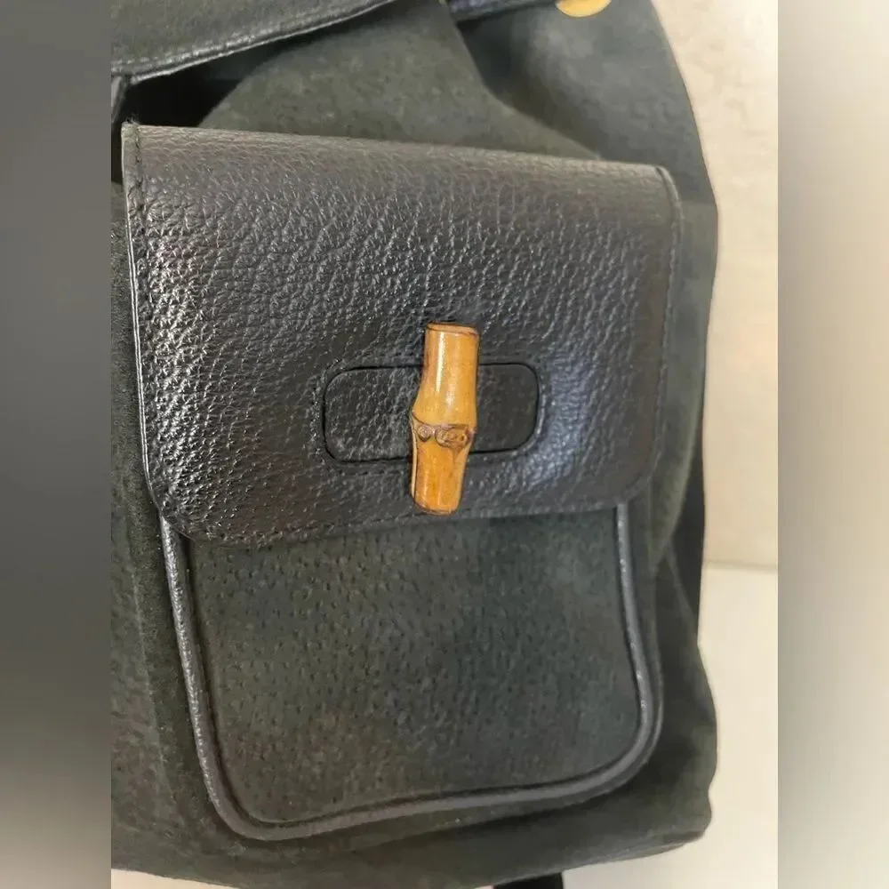 Gucci Black Suede Backpack with Bamboo Details